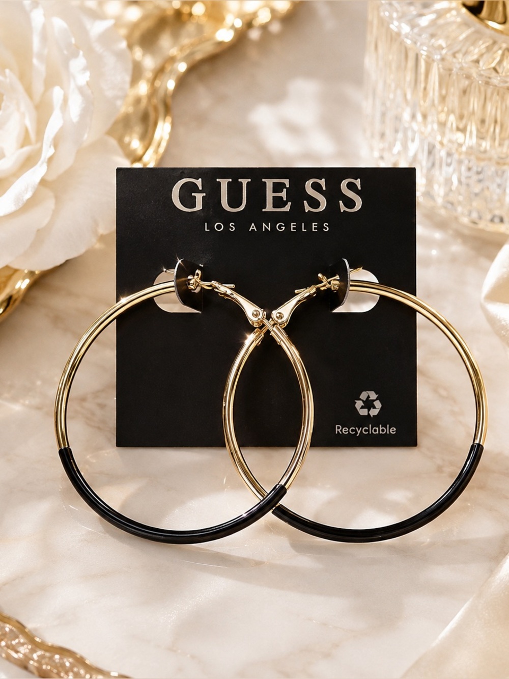 Guess Los Angeles Gold Tone Black Enamel Large Hoop Earrings NWT